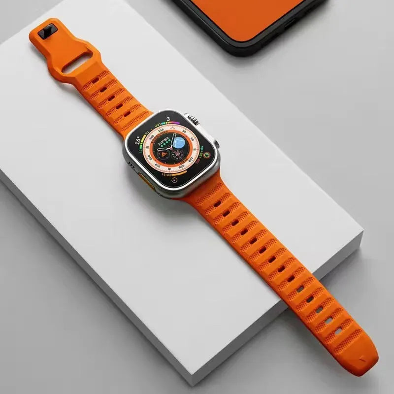 Fluoro rubber watch strap with T-buckle for Apple Watch Ultra and Series 1-8 models in multiple colours.