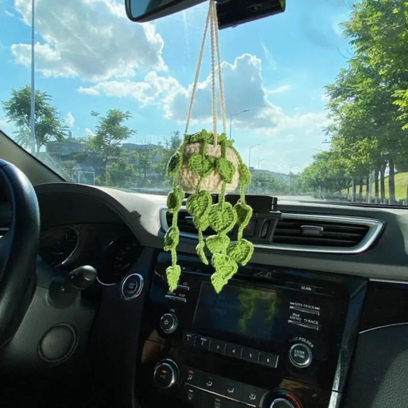 Green and white crochet car plant ornament with 25cm white hanging rope on 8cm basin base