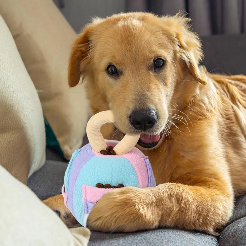 Green or pink polyester dog squeaky plush ball toy with treat pockets
