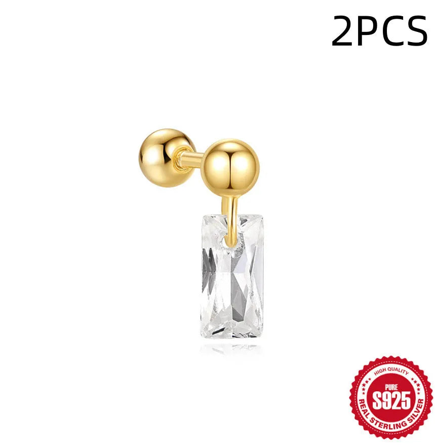 S925 sterling silver square gravel stud earring with red centre and gold plating