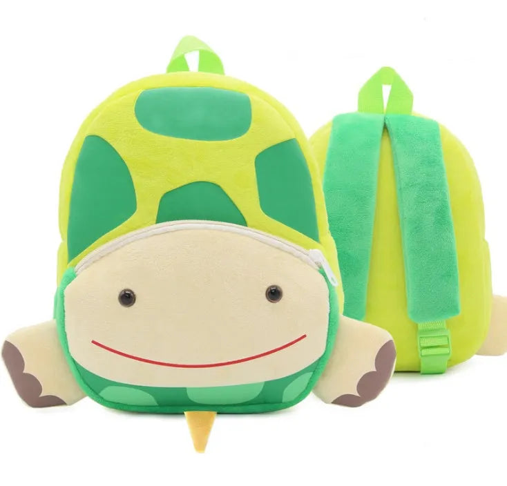 Soft plush children's backpack with cartoon animal design, showing zippered main compartment.