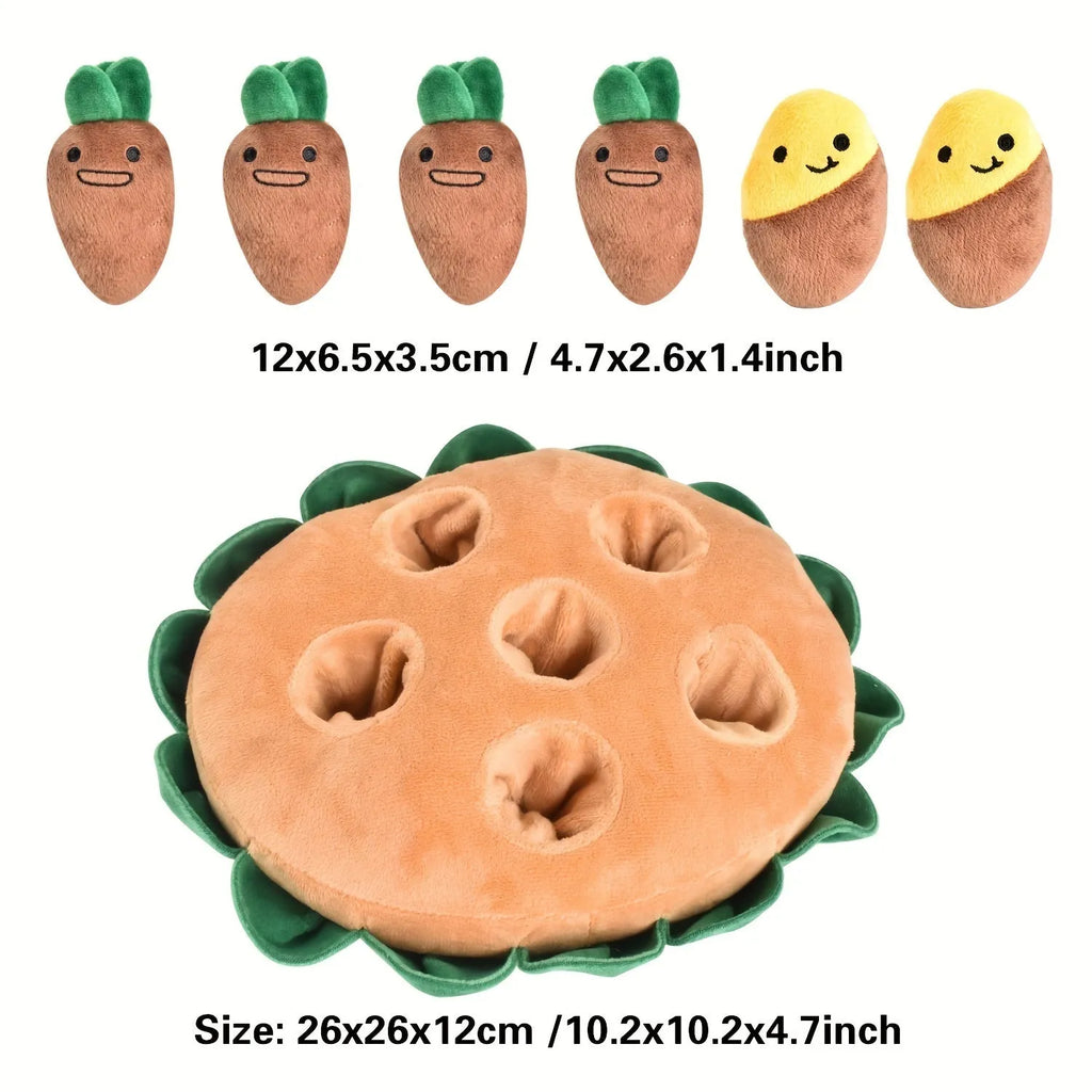 Yellow durable polyester dog puzzle mat with removable squeaky plush toys as a slow feeder and foraging pad