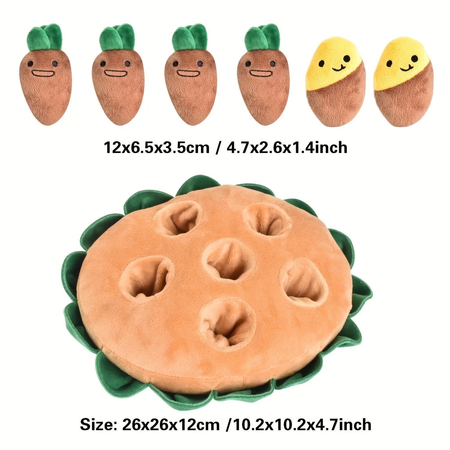 Yellow durable polyester dog puzzle mat with removable squeaky plush toys as a slow feeder and foraging pad