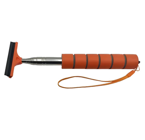 Retractable stainless steel car rearview mirror wiper extended to show full length.