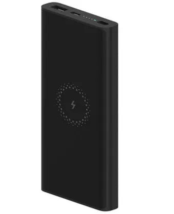White and black 10000mAh power bank with USB Type-C port and wireless charging surface.