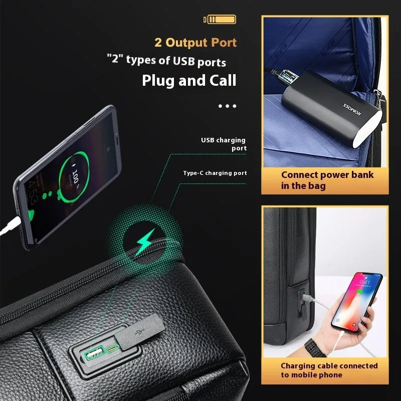 Black cowhide leather business backpack with curved shoulder straps and USB charging port