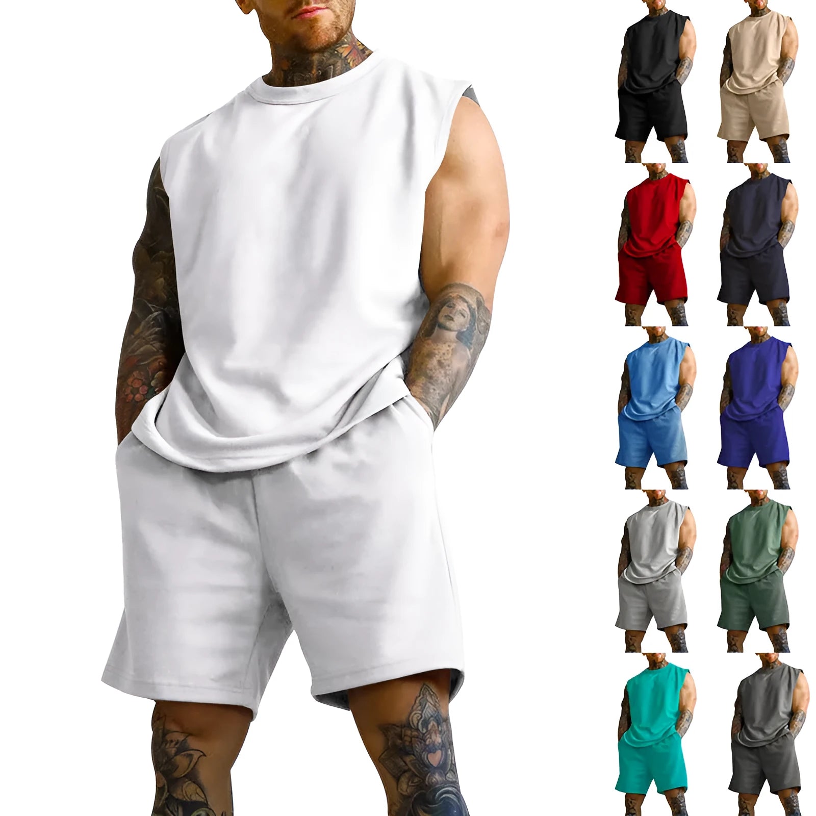 Men's sleeveless cotton blend sports top and shorts set in a solid colour.