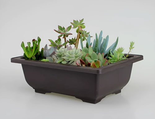 Dark brown antique recycled plastic flowerpot on a table.