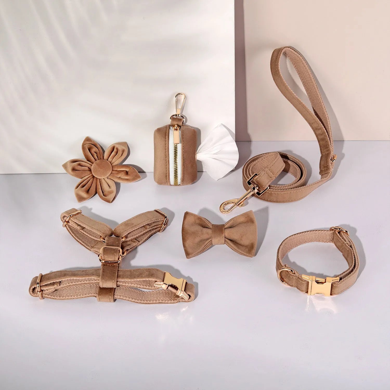 Velvet pet collar and traction rope set with bow tie and flower accessories in multiple colour options