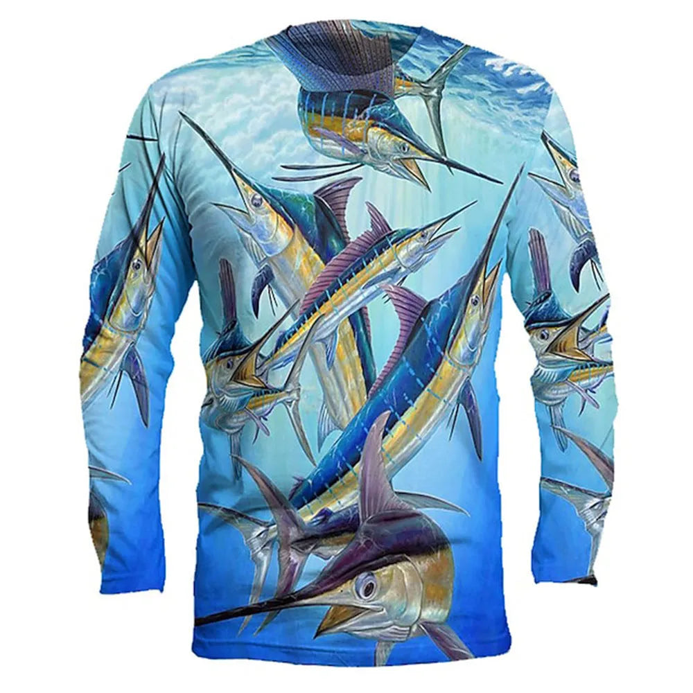 Men's long-sleeved pullover top with a fish pattern print in Milk Silk fabric.