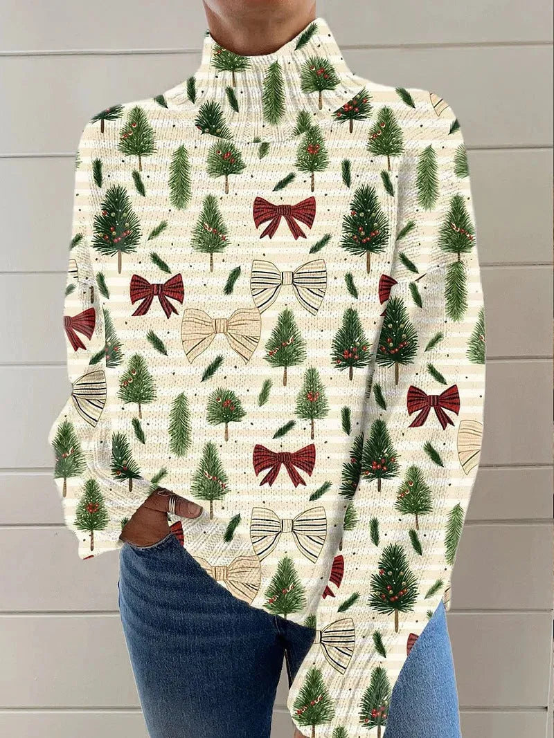 Women's Christmas printed turtleneck sweater with painting pattern in macaron colours, loose casual style