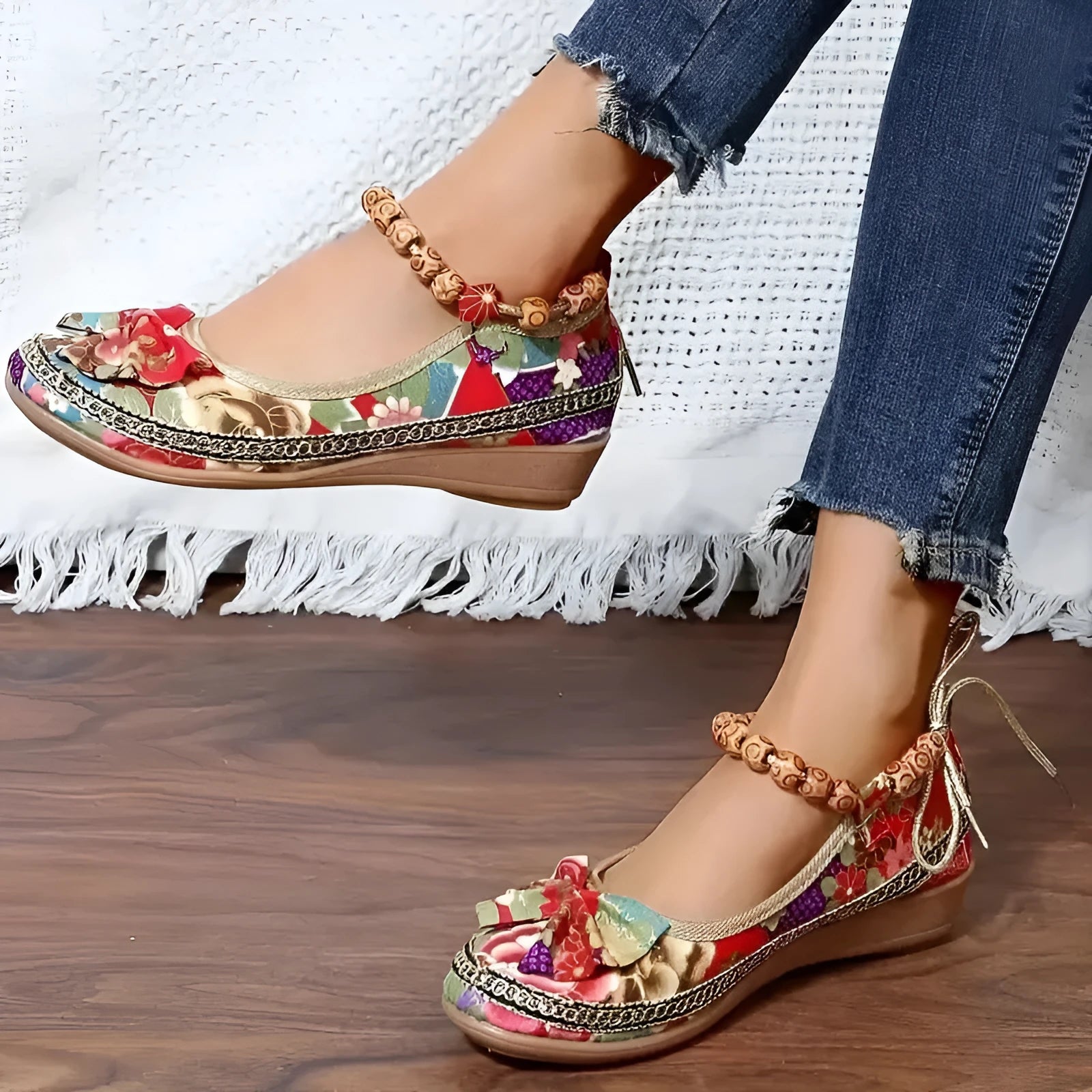 Women's black ethnic style platform sandals with elastic band closure, fabric upper, and round toe.