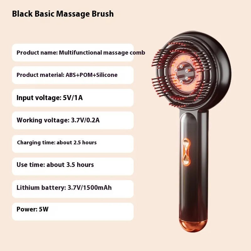 Black handheld LED light massage hair comb with red and blue lights, Type-C charging port visible.