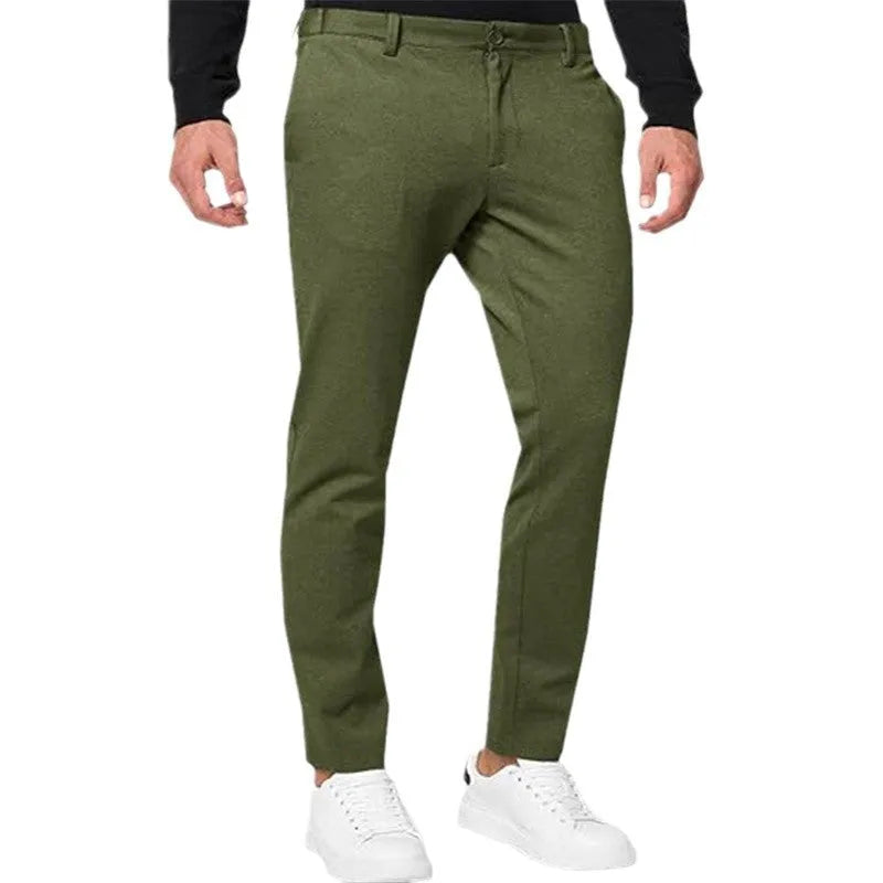 Men's slim-fit tapered chino trousers in solid colour with mid-waist design