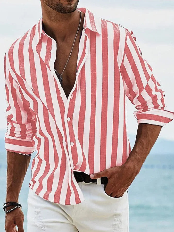 Men's yarn-dyed striped casual long sleeve shirt in British style loose cardigan fit