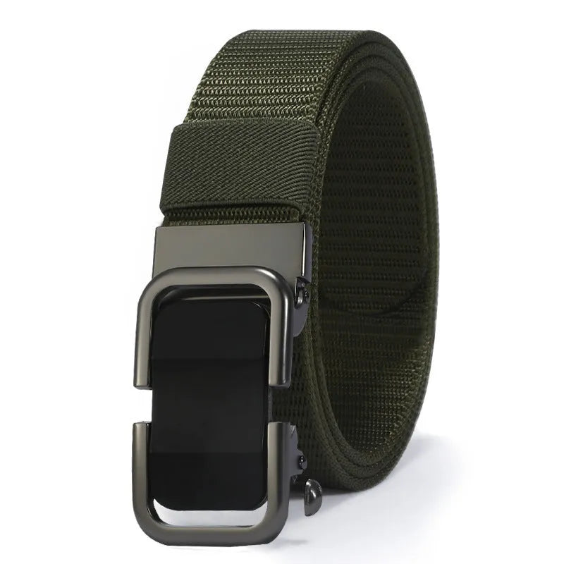 Men's nylon canvas belt with a silver toothless alloy buckle on a grey strap.