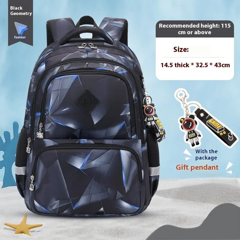 Blue children's school backpack with dinosaur print, showing curved straps and modern design.