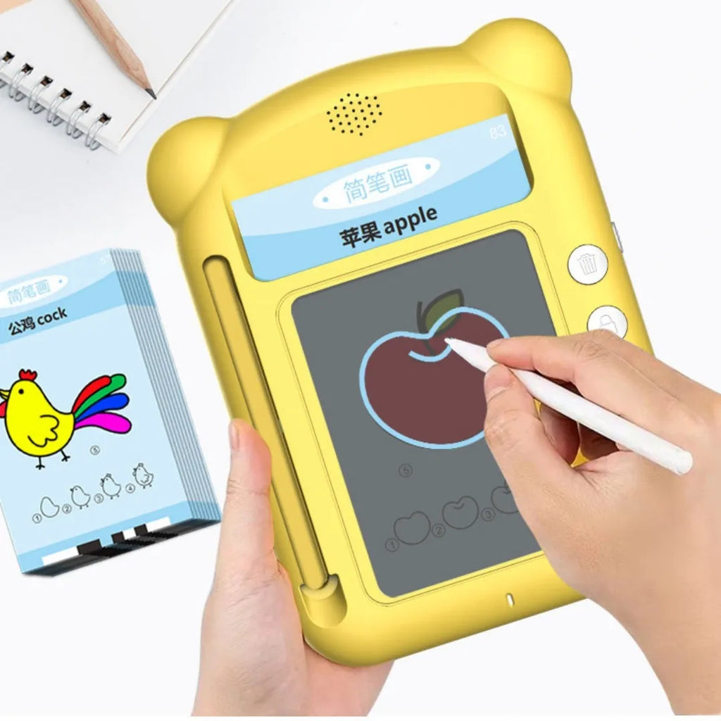 Yellow bilingual early learning machine with stick figure design and learning cards
