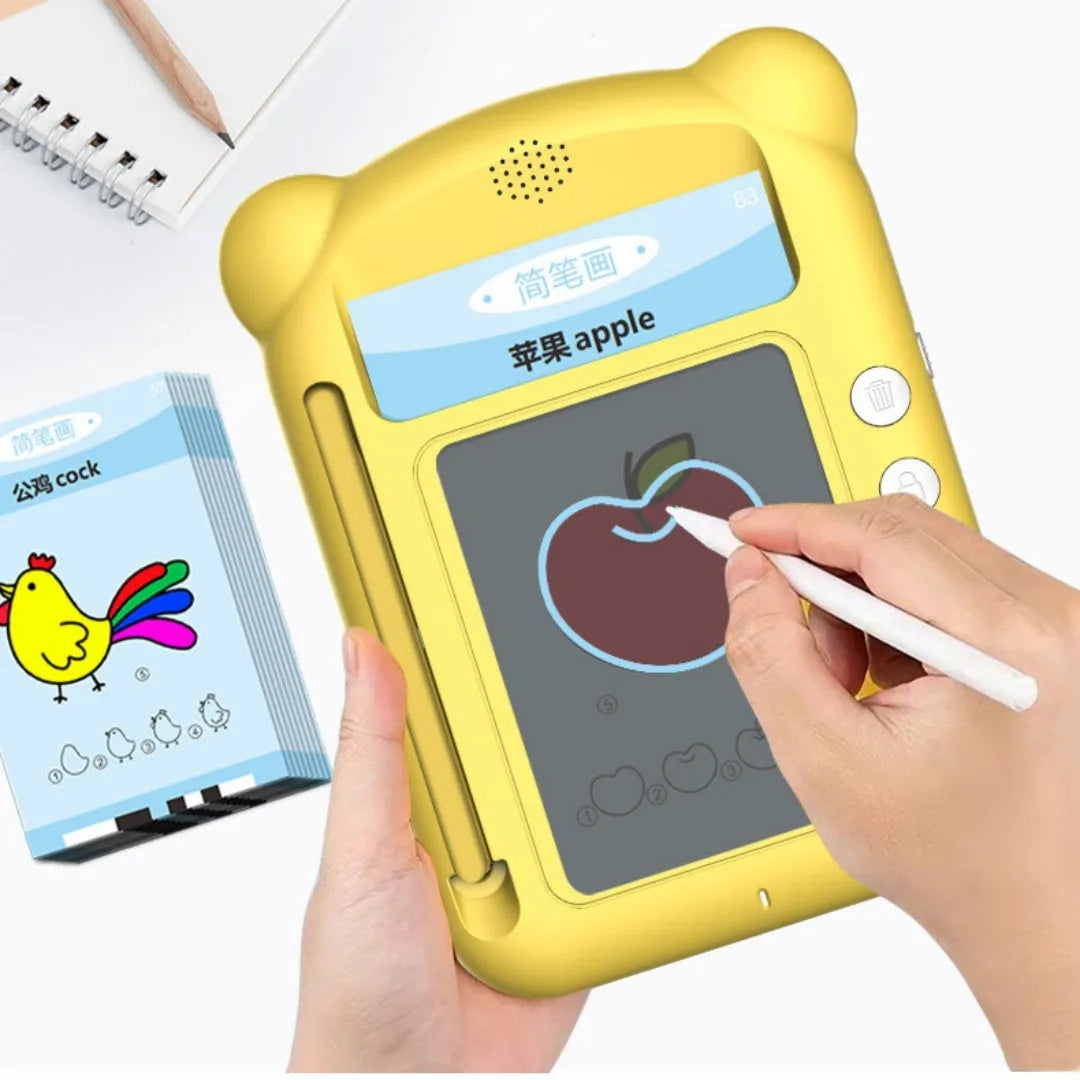 Yellow bilingual early learning machine with stick figure design and learning cards
