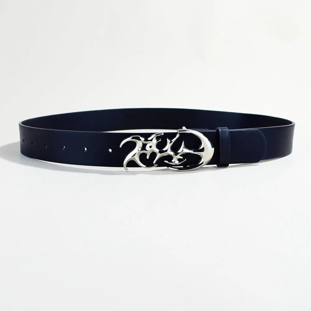 Men's silver buckle PU leather belt with snap button fastening showing three style variations