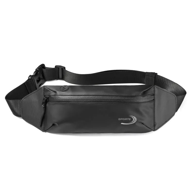 Men's blue waterproof oxford polyester waist bag shown on a manikin, showcasing its compact 45cm size.