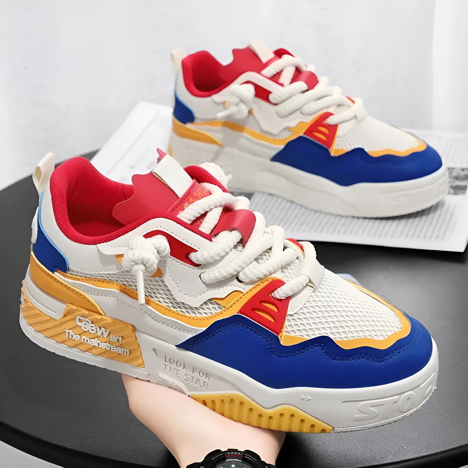 Men's low top board shoes in white and yellow, white and black, and beige colour combinations with rubber soles