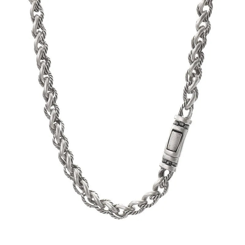 Men's titanium steel geometric keel chain necklace with large hemp flower links in antique silver finish