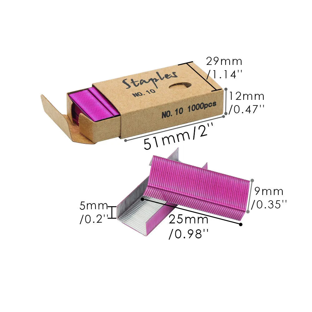 Box of 1000 metal stapling needles in rose gold, black, purple, and rose red colour options.