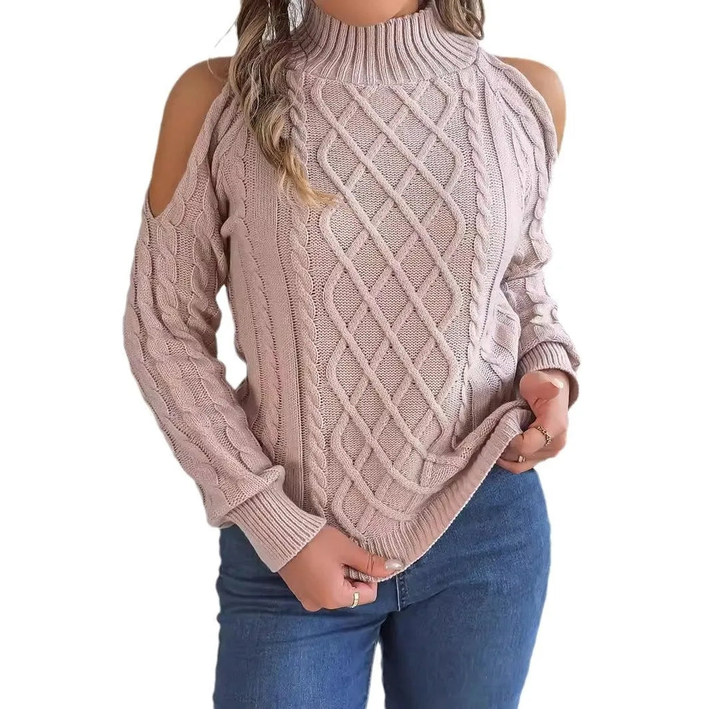 Women's twisted pattern strapless pullover sweater with lantern sleeves in acrylic knitwear