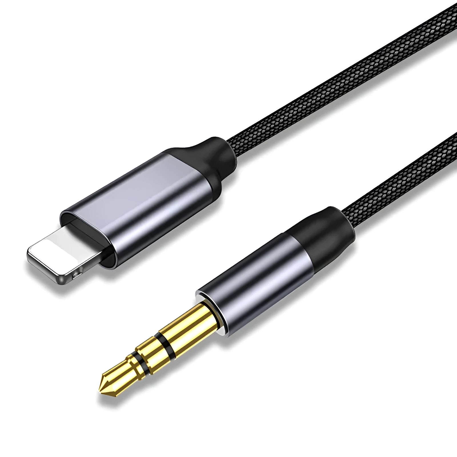 Silver nylon audio cable with connector for headphone and car adapter use
