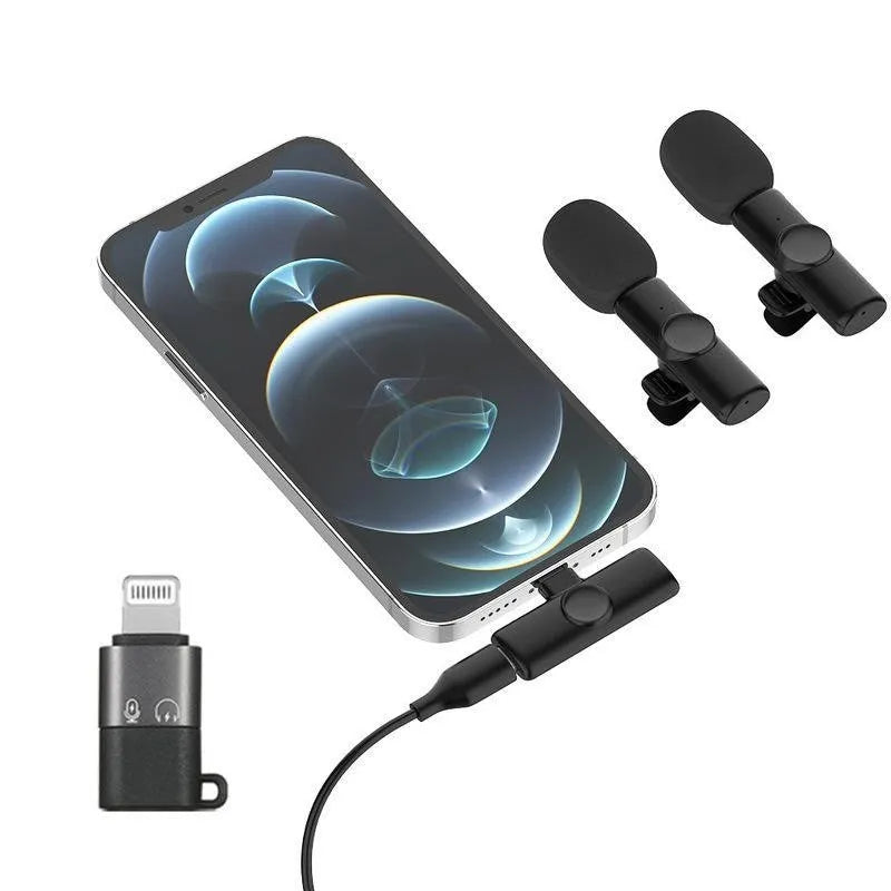 Wireless collar clip lavalier microphone with smartphone connector options for Type-C, Lightning, and 3.5mm jacks.