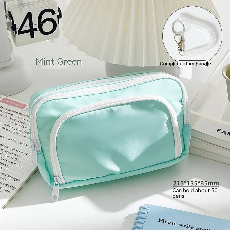 Double layer fabric pencil case in blue, cream, green or pink with gift handle