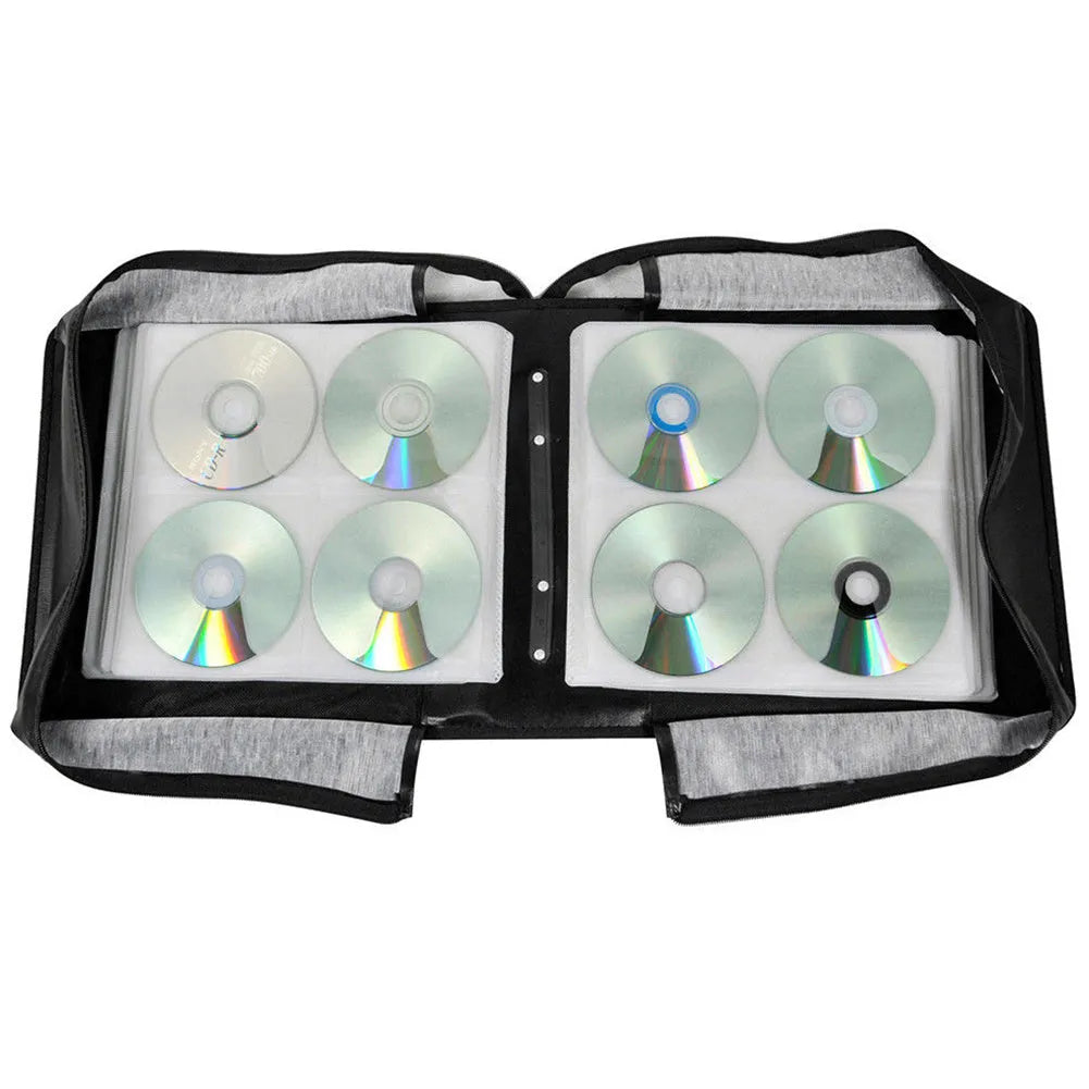 Black Oxford cloth CD DVD storage binder organiser with zipper and top hand strap.
