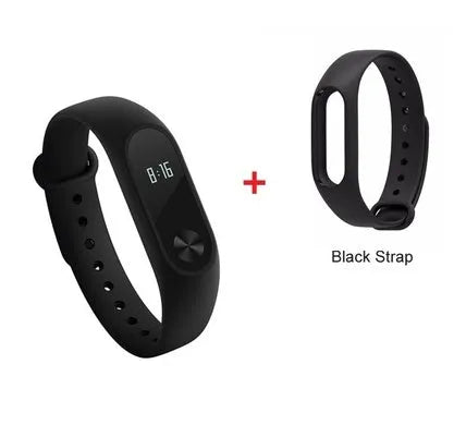 Black Xiaomi Mi Band 2 fitness tracker with OLED screen on a wrist.