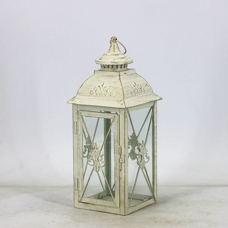 European style black and white wrought iron floor-standing storm lantern with tempered glass for courtyard decoration