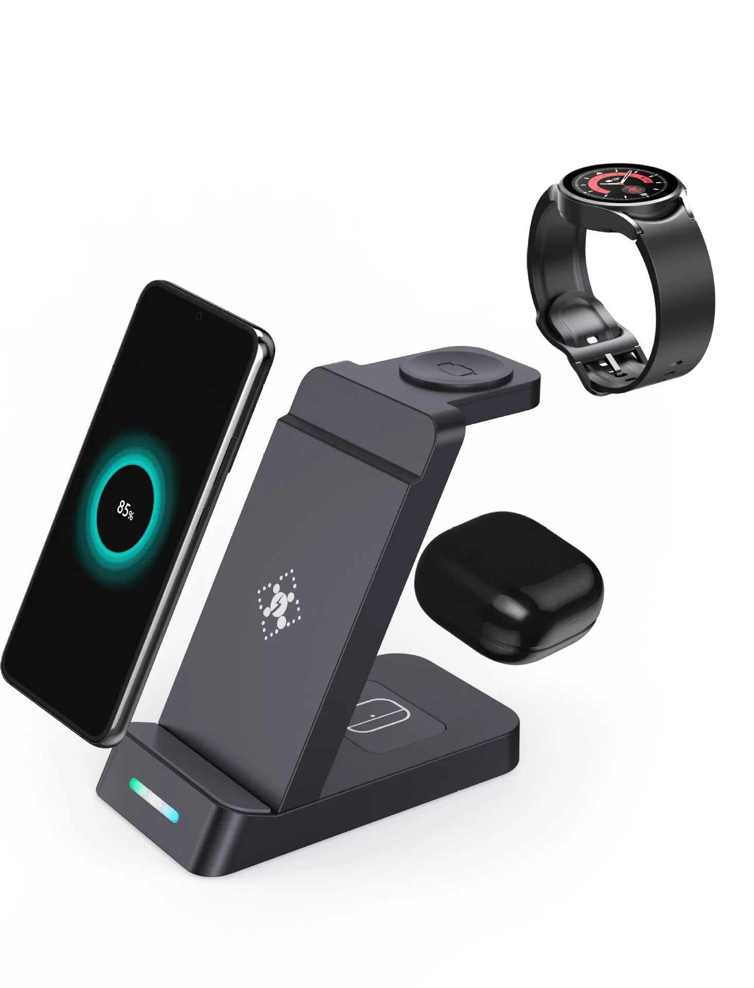 Black or white wireless charging station with phone stand charging iPhone, AirPods and Apple Watch simultaneously