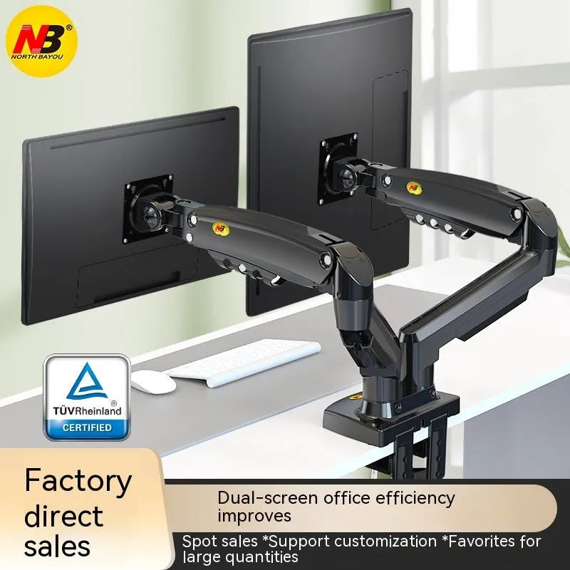 Aluminium and plastic dual screen monitor bracket with lifting mechanism, for VESA 75x75 or 100x100 mm mounts.