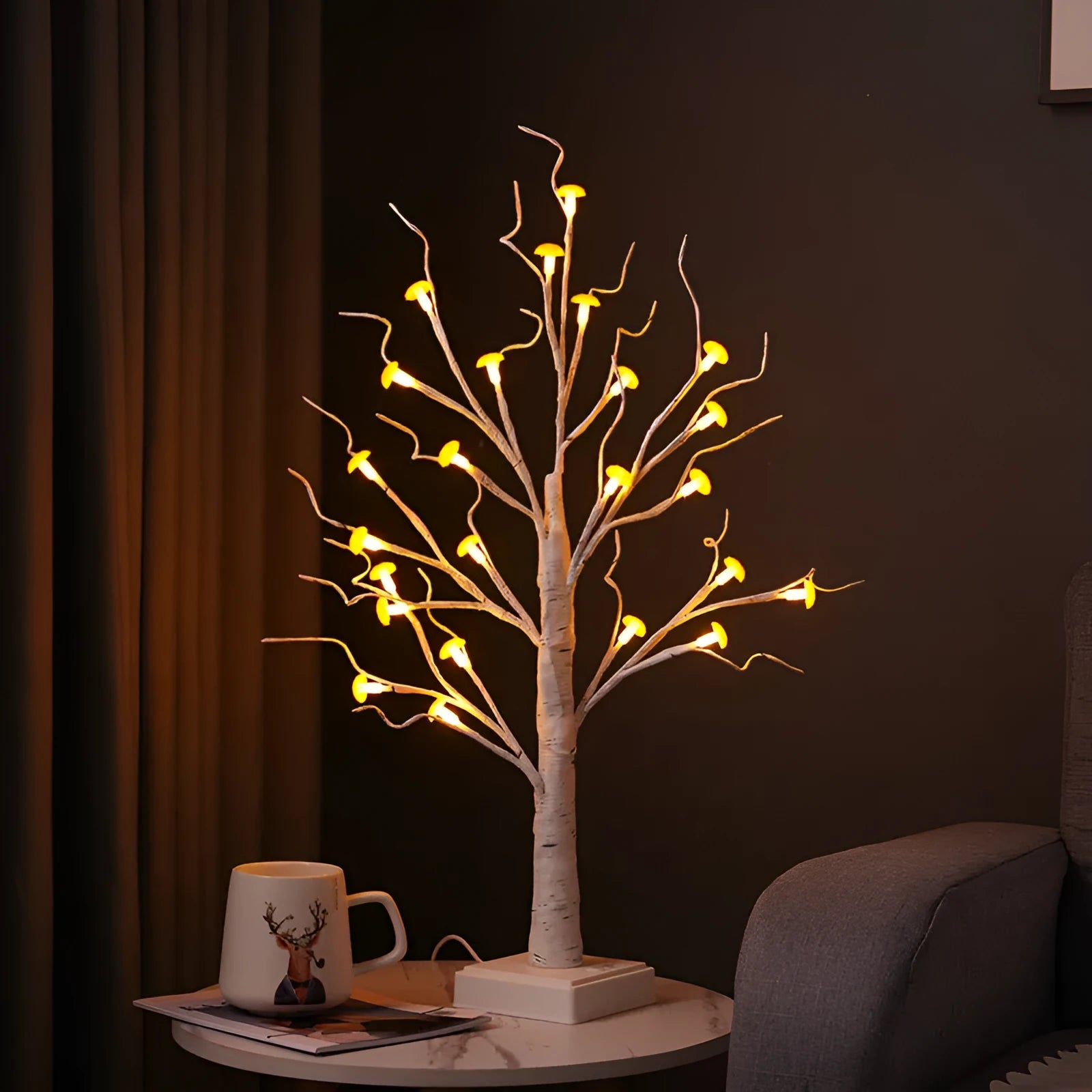 60cm tall white birch tree LED lamp with 24 small red detachable mushroom ornaments