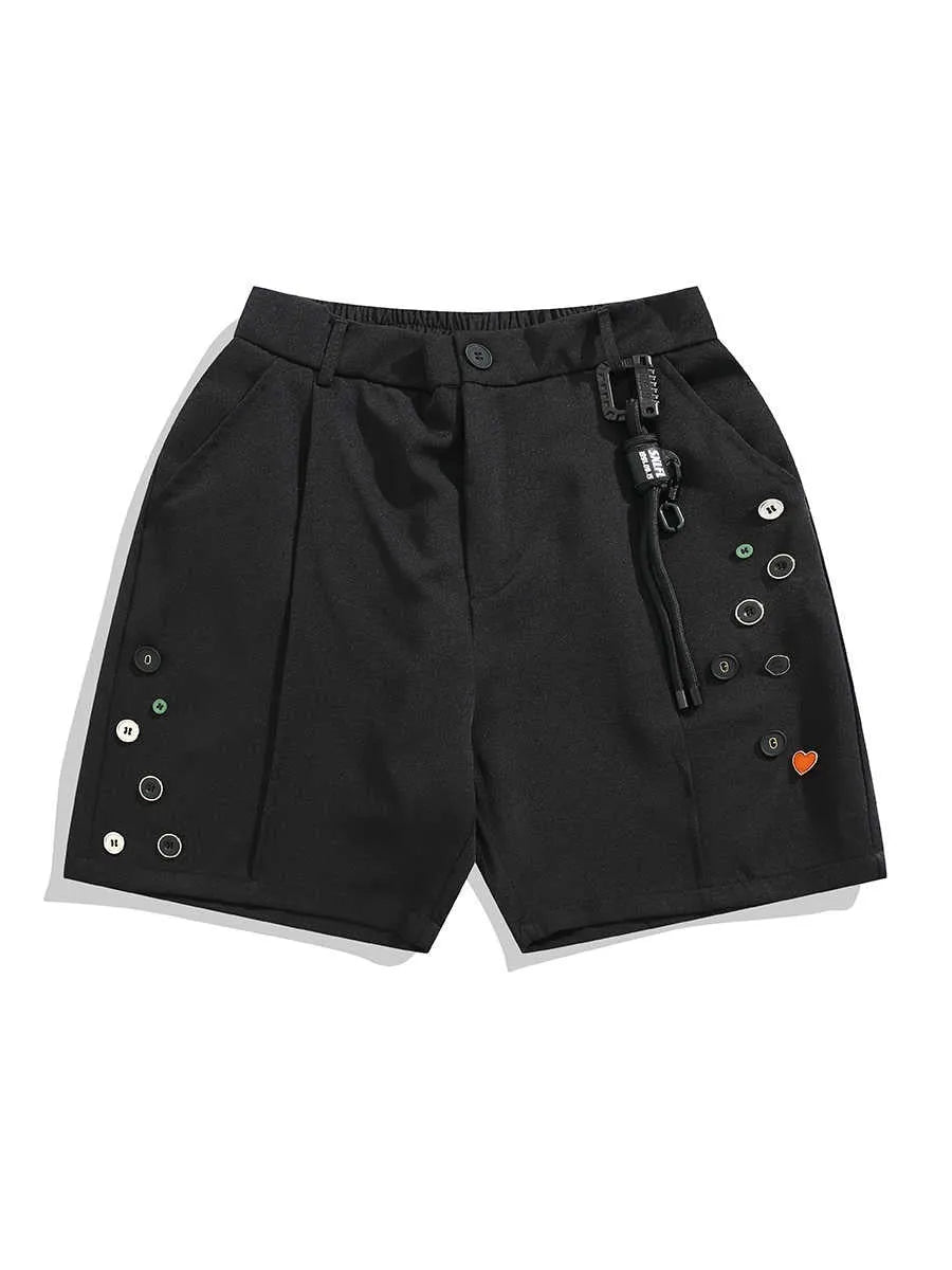 Men's black semi-elastic shorts with loose straight-leg fit and above-knee length