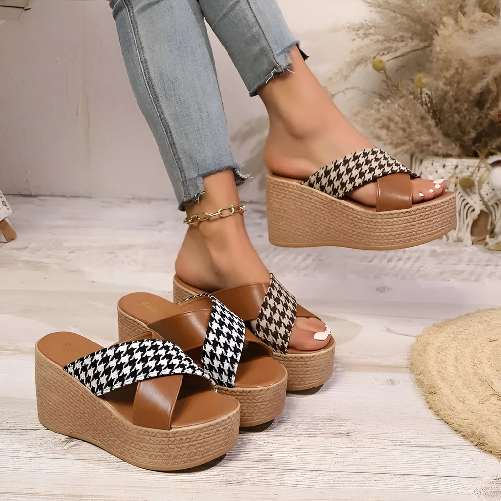 Brown and black plaid wedge sandals with rubber soles shown in UK sizes 34-43