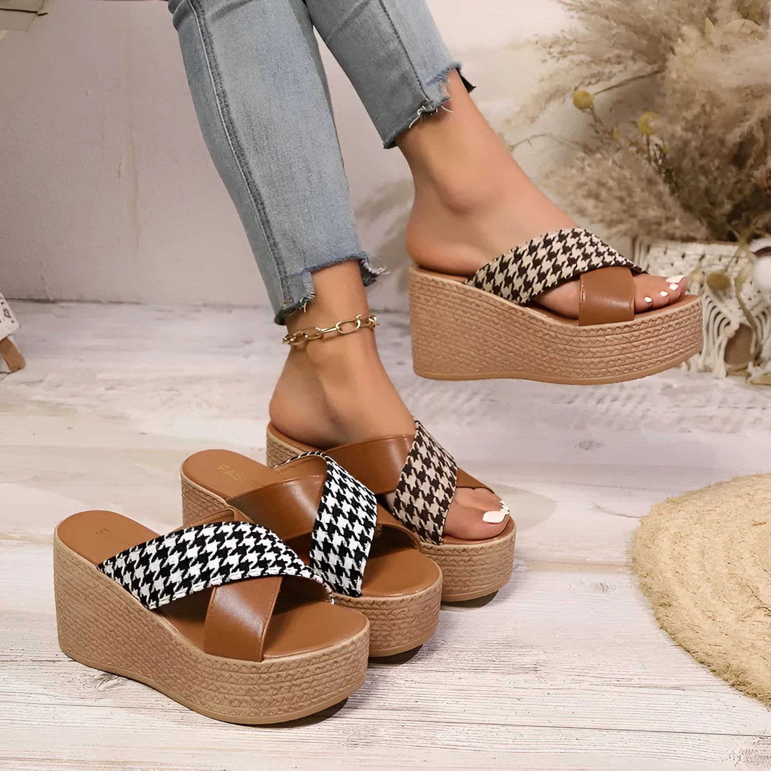 Brown and black plaid wedge sandals with rubber soles shown in UK sizes 34-43