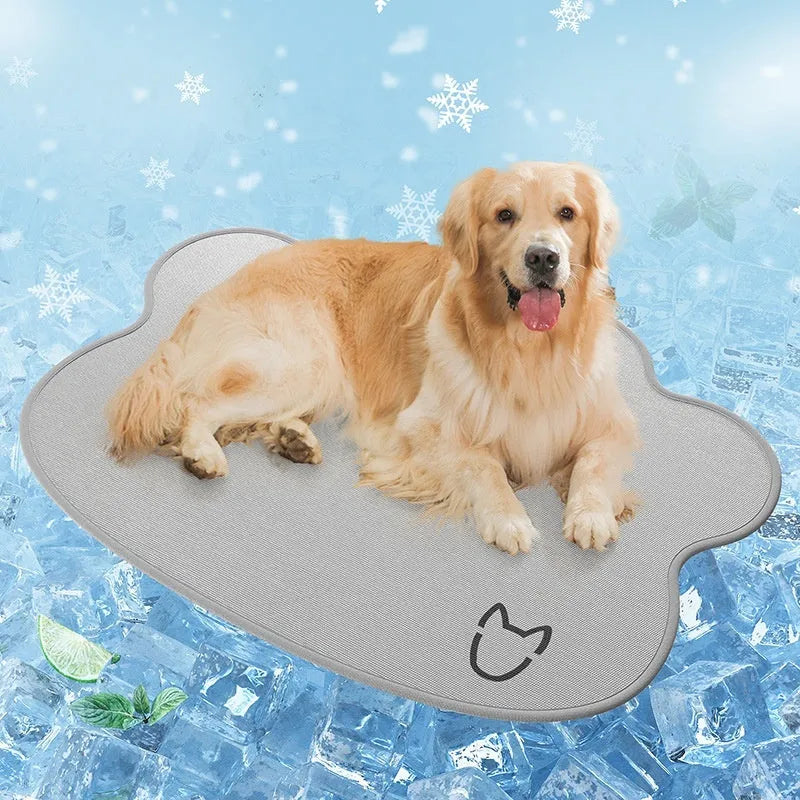 Ice silk pet cooling mat with dog head shape design in light gray colour