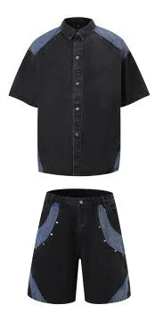 Retro washed denim suit with short-sleeved jacket and matching trousers in black or blue