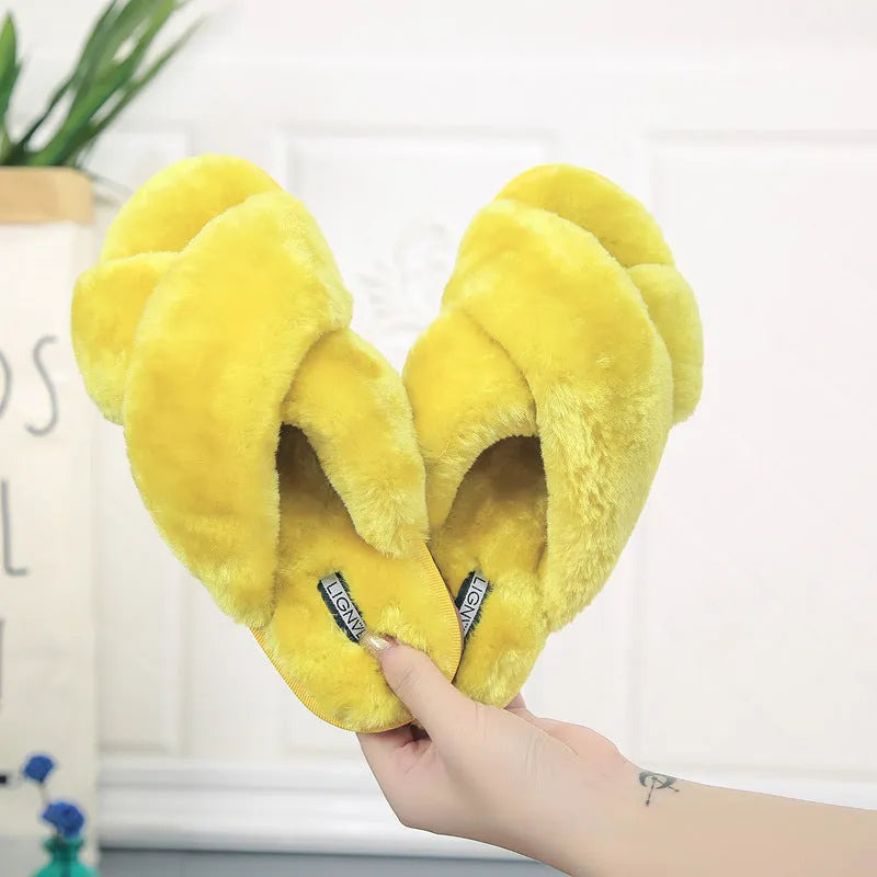 Women's cross open-toe fur slippers in multiple colours with patterned non-slip soles