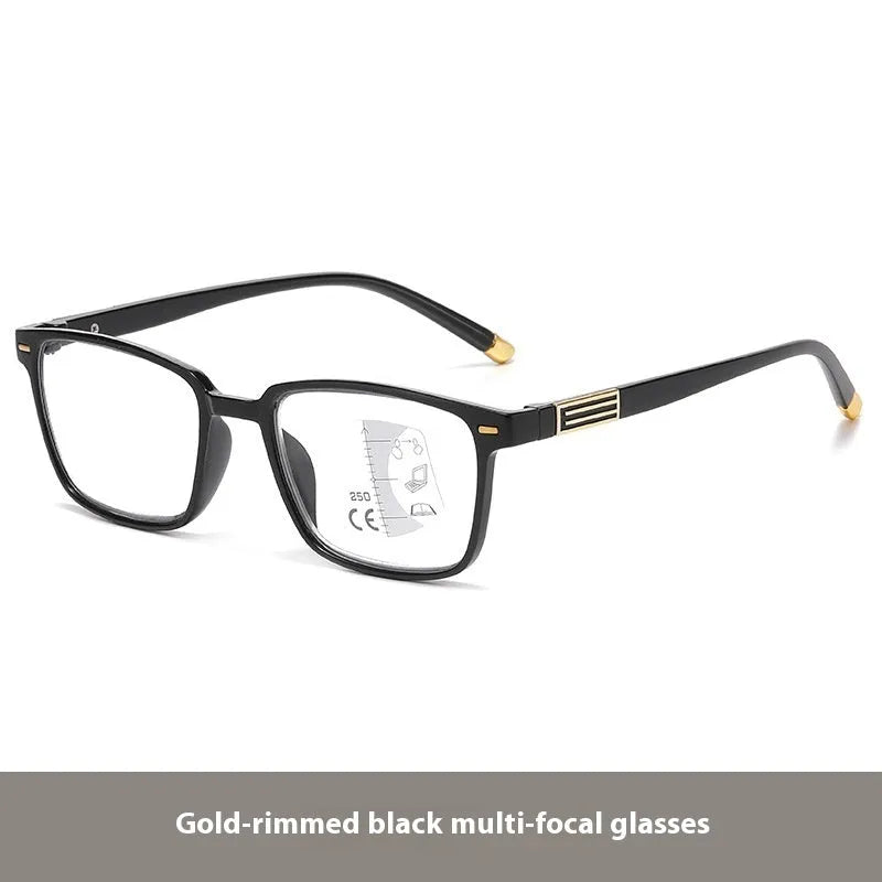 Multifocal reading glasses with colour changing, anti-blue light PC lenses in a black and silver frame style.