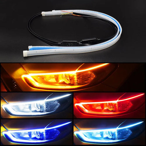 Universal car LED daytime running light strip with flowing turn signal on a vehicle headlight.