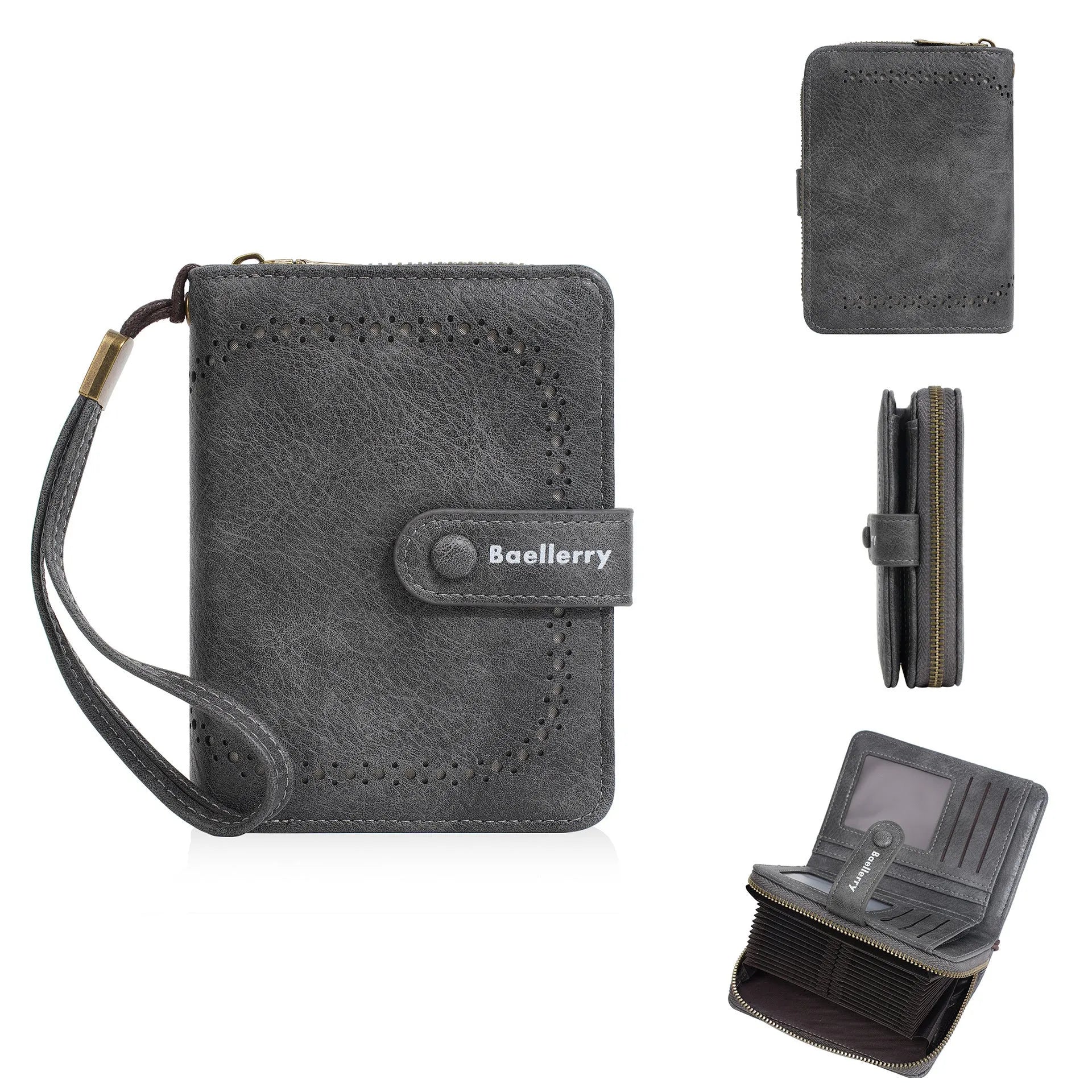Women's black PU leather coin purse with zipper closure showing integrated wallet and card holder functions