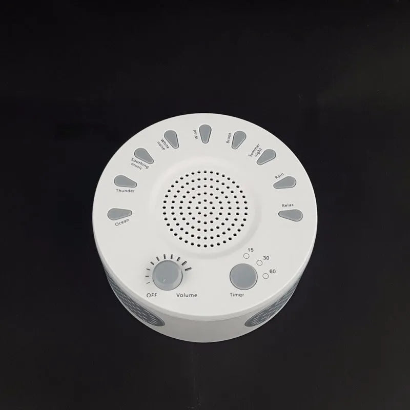 White noise sleep instrument with volume knob and multiple sound options in compact packaging