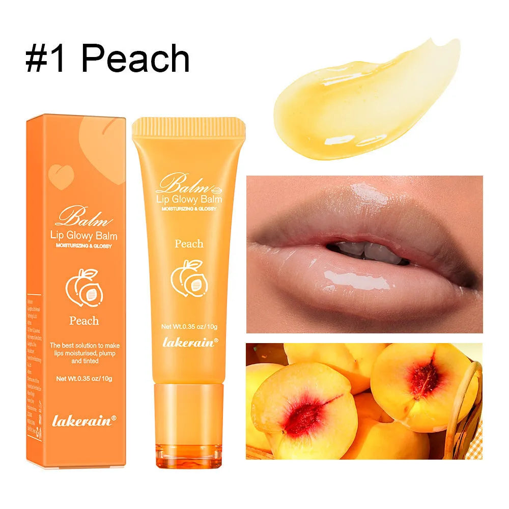 Women's lip gloss in four flavour varieties: yellow peach, berry, pomelo, and grape