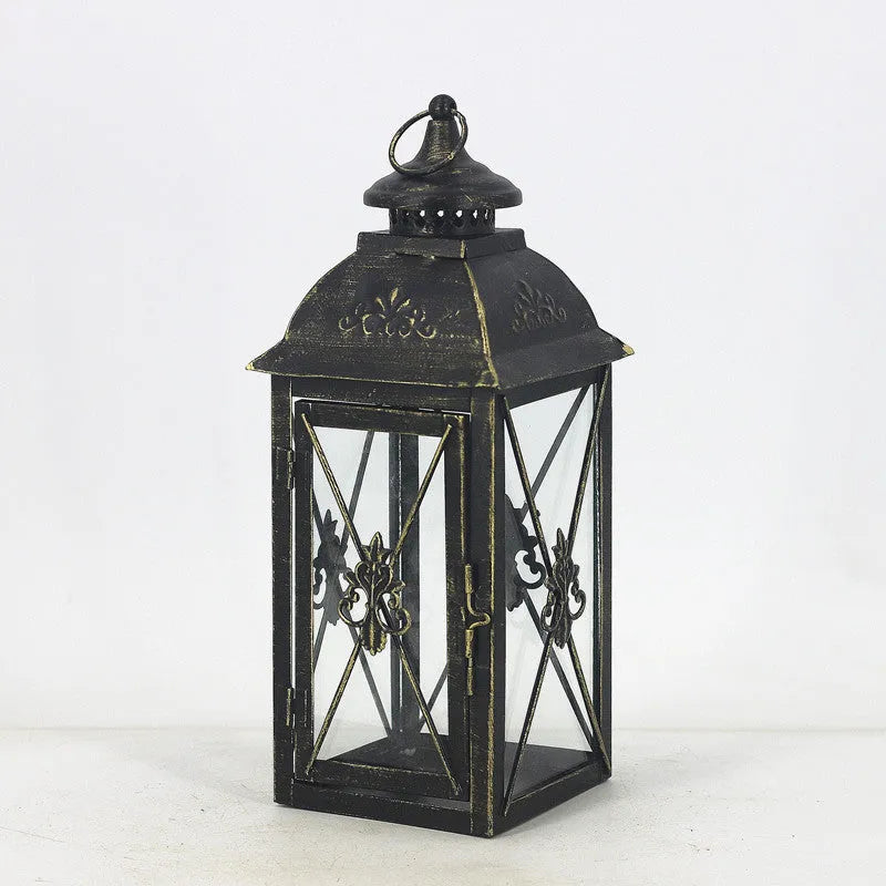 European style black and white wrought iron floor-standing storm lantern with tempered glass for courtyard decoration
